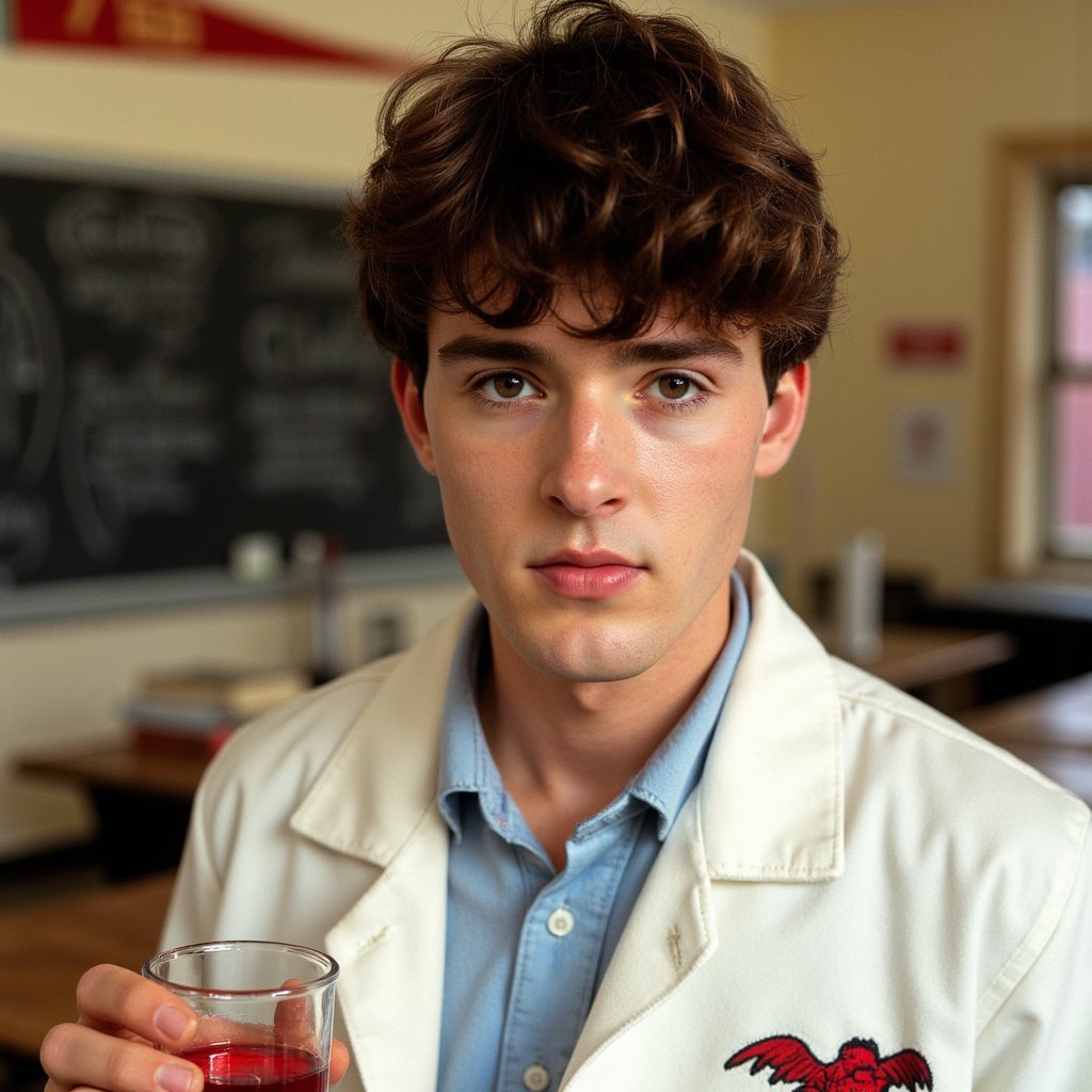 Close-up 1960s yearbook science club image, focusing on a male student’s upper torso and face, captured with a 90mm lens for shallow depth. He wears a crisp white lab coat over a light blue oxford shirt, top button undone. The cotton weave of the shirt is clearly visible beneath the smooth matte finish of the lab coat. His neatly combed dark hair has a side part, each strand individually defined in HDR clarity. Skin has realistic tone variation — faint under-eye shadows, a few freckles, and light reflection along the cheekbones from the lab lights. He holds a glass beaker in one hand at chest level, liquid catching highlights from above. Background shows faint outlines of chalkboard diagrams and blurred glassware, all softened with depth-of-field to emphasize his focused gaze.