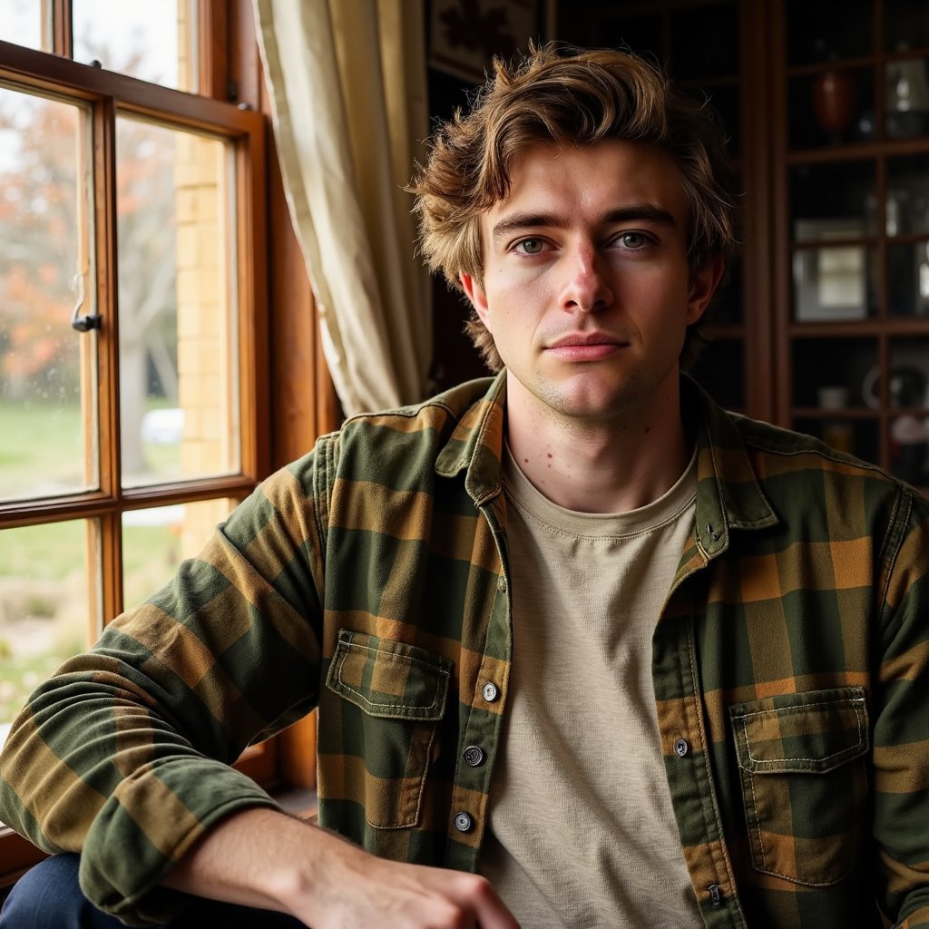 Hyperrealistic, highly detailed, HDR image of a man (male, ~28 yrs) sitting near a large farmhouse window with diffused golden daylight spilling in. Waist-up composition, camera straight-on at eye level. He wears a moss-green flannel shirt layered over a light oatmeal-colored crewneck. His hair is chestnut brown, medium length, slightly messy in a natural way. The light creates gentle contrast between the illuminated right side of his face and soft shadow on the left. His gaze is calm, reflective. Background out of focus: textured linen curtains, faint autumn foliage outside. Detailed skin pores, fine beard texture, flannel weave visible with tiny fibers highlighted by sunlight. Natural cinematic color tones. HDR, high resolution, high quality, highly detailed, photorealistic.