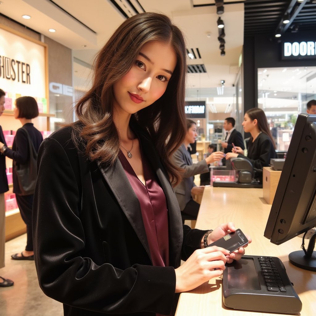 A stylish woman (female) head-and-shoulders at a minimalist checkout, contactless card poised near the terminal (no motion blur). Hairstyle: glossy, voluminous shoulder-length curls with defined highlights; makeup: luminous skin, subtle bronzer, glossy rose lips. Attire: deep plum silk-satin blouse with micro sheen under a black velvet blazer; fine pendant necklace. Pose: calm three-quarter profile toward camera; soft smile; eyes toward the terminal. Camera: 100mm portrait-macro, f/2.2 for crisp facial detail and creamy background. Lighting: warm register display as practical key, soft fill from above, faint cool rim from back signage. Background: blurred “DOORBUSTER” POS screen and tidy countertop; minimal clutter. Fabric detail: velvet pile direction, satin weave luster, stitching on lapels. Highly detailed, highly realistic, HDR, high resolution.