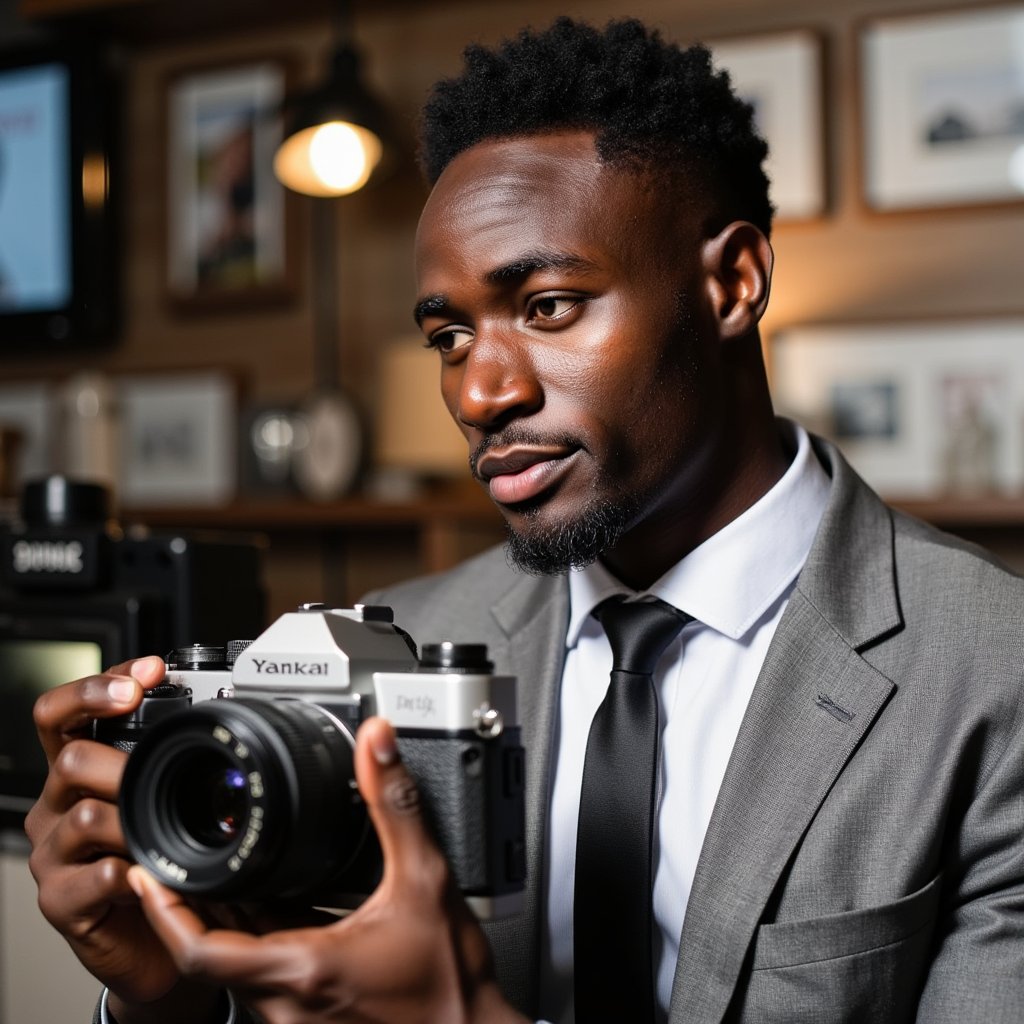 Professional-looking portrait of a male photographer adjusting camera settings, side profile, shallow depth of field, modern creator look