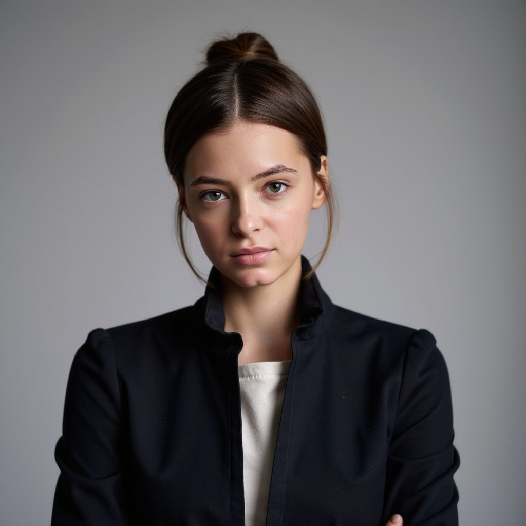 A highly realistic passport photo of a young woman, framed in a waist-up shot. She wears a tailored black blazer with a high-collared blouse, emphasizing a clean, polished look. Her hair is styled in a simple, neat updo, with a few loose strands framing her face. The lighting is soft and even, with a slight light falloff at the edges to create depth. The background is a soft gray with a minimal blur, ensuring the subject remains the focal point. The image is captured at eye level, with the camera slightly to the left, capturing her from a slight angle while maintaining a neutral, professional expression. The fabric of her blouse and jacket are highly detailed, with subtle texture visible. The shot is HDR for perfect clarity, showcasing her detailed features and clothing.