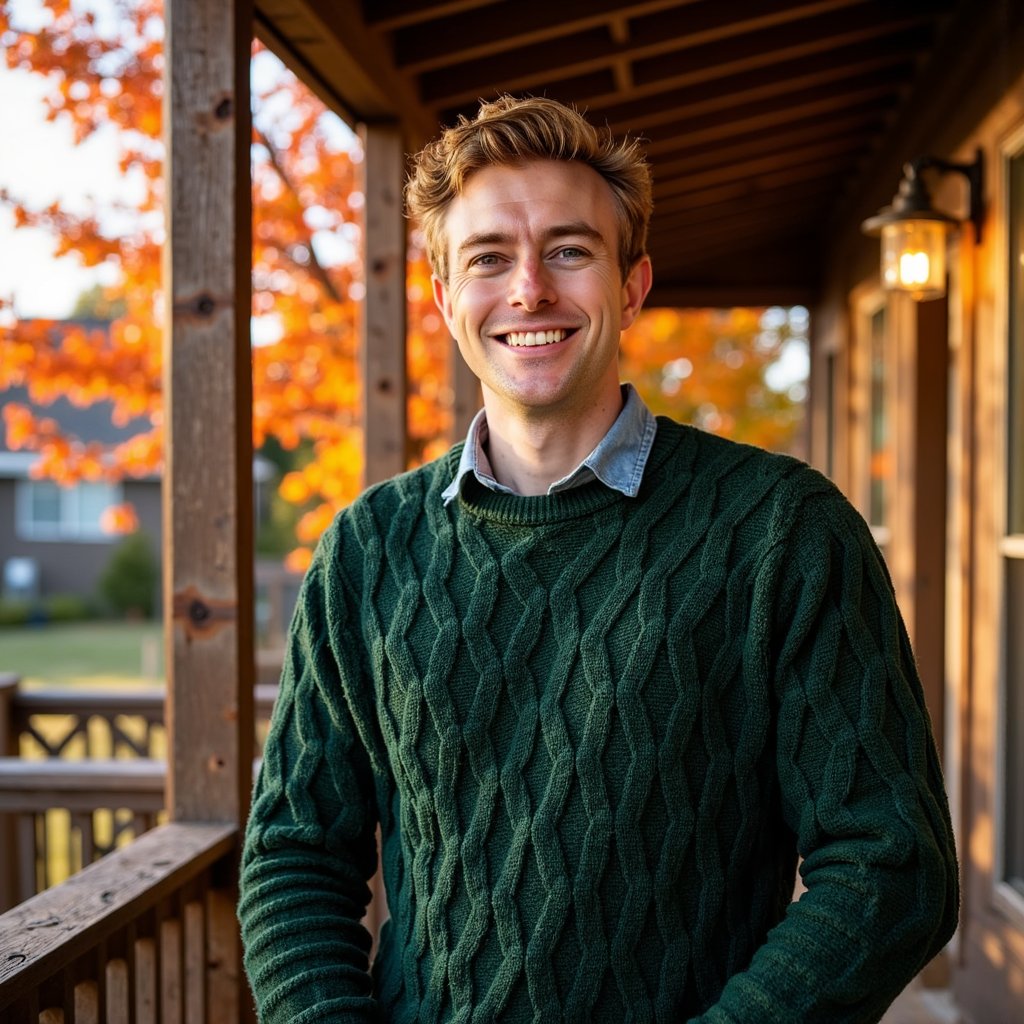 Highly realistic, highly detailed HDR head-and-shoulders portrait of a middle-aged Caucasian man (male, about 45 years old) standing outside on a rustic wooden porch with fall foliage behind. Camera angle straight-on at eye level. He is wearing a deep forest-green cable-knit sweater over a light chambray shirt (collar slightly visible), his hair is salt-and-pepper, neatly combed back; short beard trimmed. The evening golden hour sunlight filters through orange and red maple leaves behind him, casting warm rim light on his right shoulder and hair. Background softly blurred (shallow depth of field) showing the wooden porch rail and a hint of maple branches but no clutter. His expression is reflective but content — slight smile, crow’s-feet visible, skin texture detailed with natural pores and light stubble. The sweater fabric shows the cable-knit pattern in sharp detail, the chambray shirt faint texture visible. Light wind gently moves a few loose strands of hair and leaves behind him. Overall tone: autumnal, serene, gratitude.