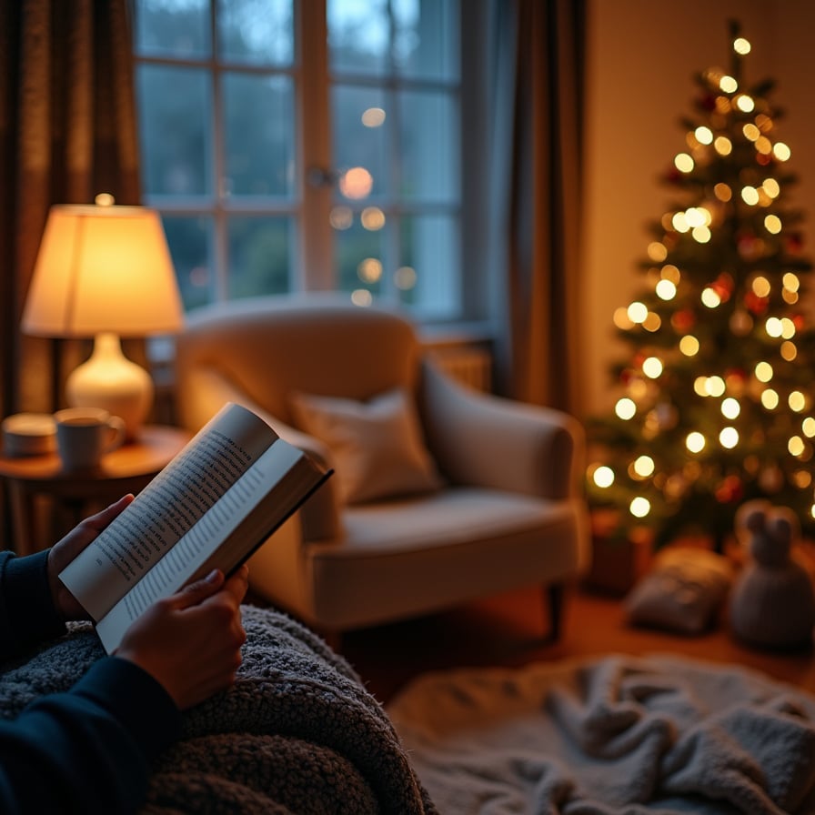 A cozy living room at night, softly illuminated by a warm lamp next to a plush armchair. A person’s hands hold an open book, its pages reflecting gentle light. A Christmas tree decorated with glowing lights stands nearby, with blankets, pillows, and a steaming mug of cocoa on a side table. The overall atmosphere: peaceful, inviting, and storytime-ready