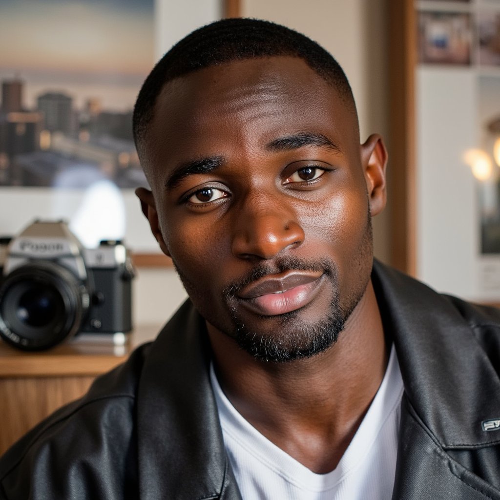 man in a modern, stylish look, photographed in a scene that honors the art and legacy of photography. A vintage camera is placed as a creative prop. The background features a softly blurred gallery wall with iconic photo prints and subtle lens flares. Studio lighting is perfectly balanced, sculpting his facial features with clarity and depth. His expression reflects calm focus and creative passion. Hyper-detailed, HDR quality, sharp focus