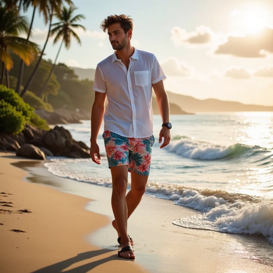 A laid-back man with tousled hair walks along a tropical shoreline, wearing bright floral shorts, a loose white linen shirt fluttering in the breeze, and flip-flops. Palm trees sway gently in the background, and waves lap at his feet under the warm, golden sun.