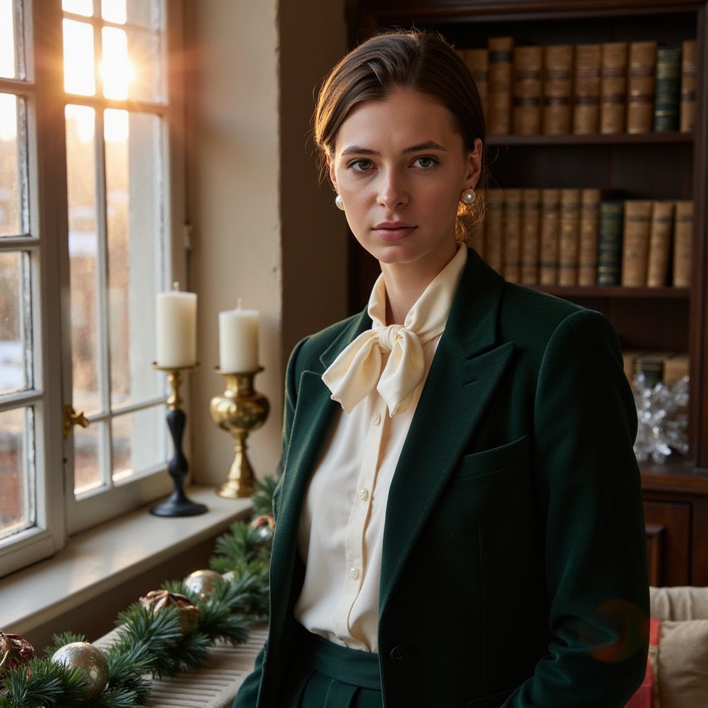 A refined woman by a tall arched window, bathed in warm golden-hour sunlight; soft shadows contour her face. Hairstyle: side-parted, soft low curls tucked behind one ear. Attire: cream silk blouse with a high neck bow, deep forest-green velvet blazer. Fabric details: lustrous silk sheen, subtle velvet texture catching light at lapels. Camera: eye-level, 85mm, f/1.6 for smooth background blur. Lighting: warm sun rim through window glass + faint ambient fill from the room. Background: blurred library shelves with aged books, a small brass lamp, subtle festive garland; minimal elements. Pose: chin slightly lifted, relaxed confidence. Render: highly detailed, highly realistic, HDR; visible hair strands, fabric grain, skin pores.