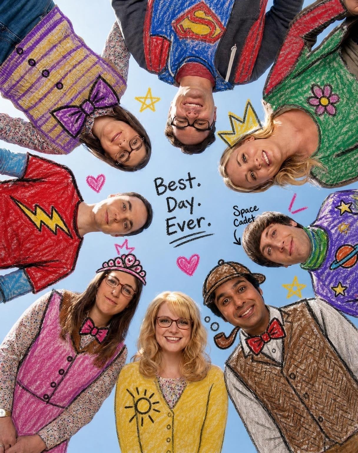 Keep the original photo fully realistic and unchanged. Add playful hand-drawn doodles directly onto the photo, as if someone casually drew over a printed snapshot with crayons and markers. Randomly choose 2–4 creative interventions based on the scene: redraw parts of the clothing as colorful crayon outfits, extend or replace accessories with doodle versions, add funny objects or props, simple hearts, stars, arrows, utensils, flowers, symbols, or short handwritten annotations. Use rough black outlines, chunky uneven strokes, flat bright colors, visible waxy crayon texture, imperfect childlike coloring, and slightly messy hand-drawn edges. Make the doodles naturally interact with the people and objects in the photo and follow their body shapes, poses, and perspective. Keep faces, skin, hair, hands, and the environment photorealistic. Do not cartoonize the entire image. Each photo should receive a different, spontaneous combination of doodles, like a quirky personal photo diary.