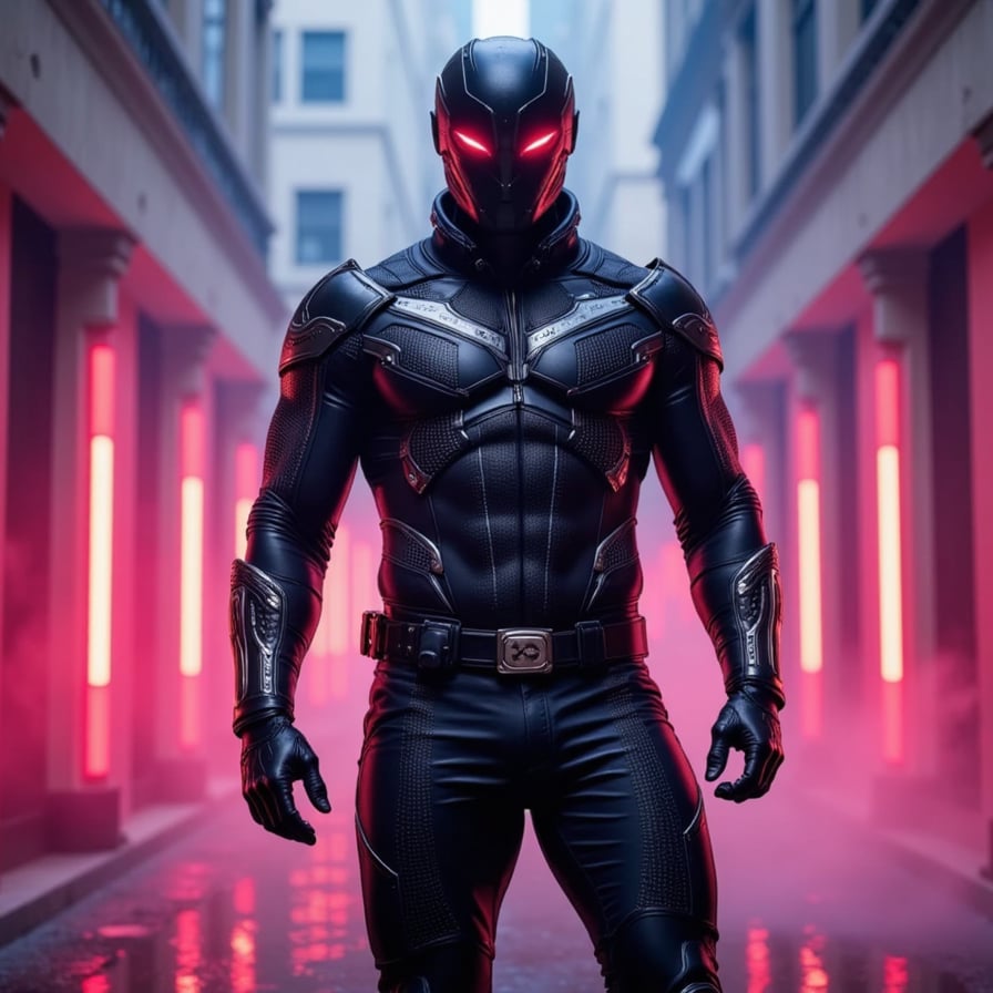 A stealth superhero in reactive gunmetal armor with adaptive textures and holographic mask, standing in a neon-lit misty corridor, cinematic cyberpunk tone