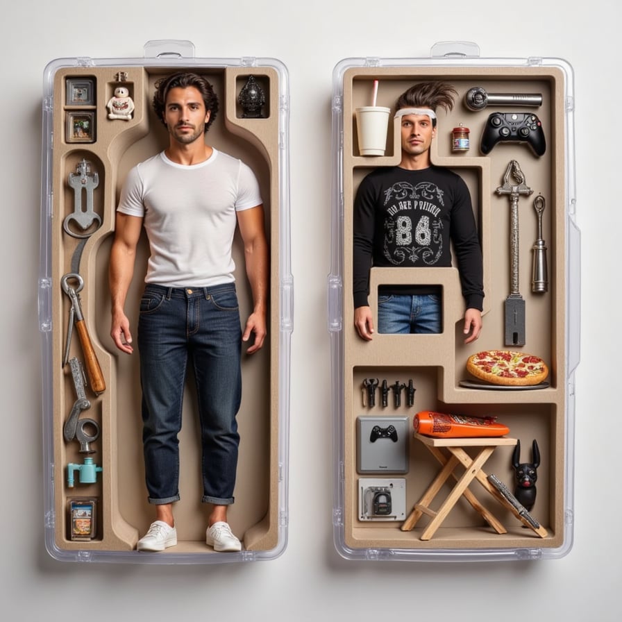 A toy action figure modeled as a relaxed man in joggers and a hoodie, leaning on a lawn chair inside the packaging. Scattered around him: an empty coffee cup, toolbox, pizza box, and a video game controller. Label: THE CHAOTIC DUDE.
