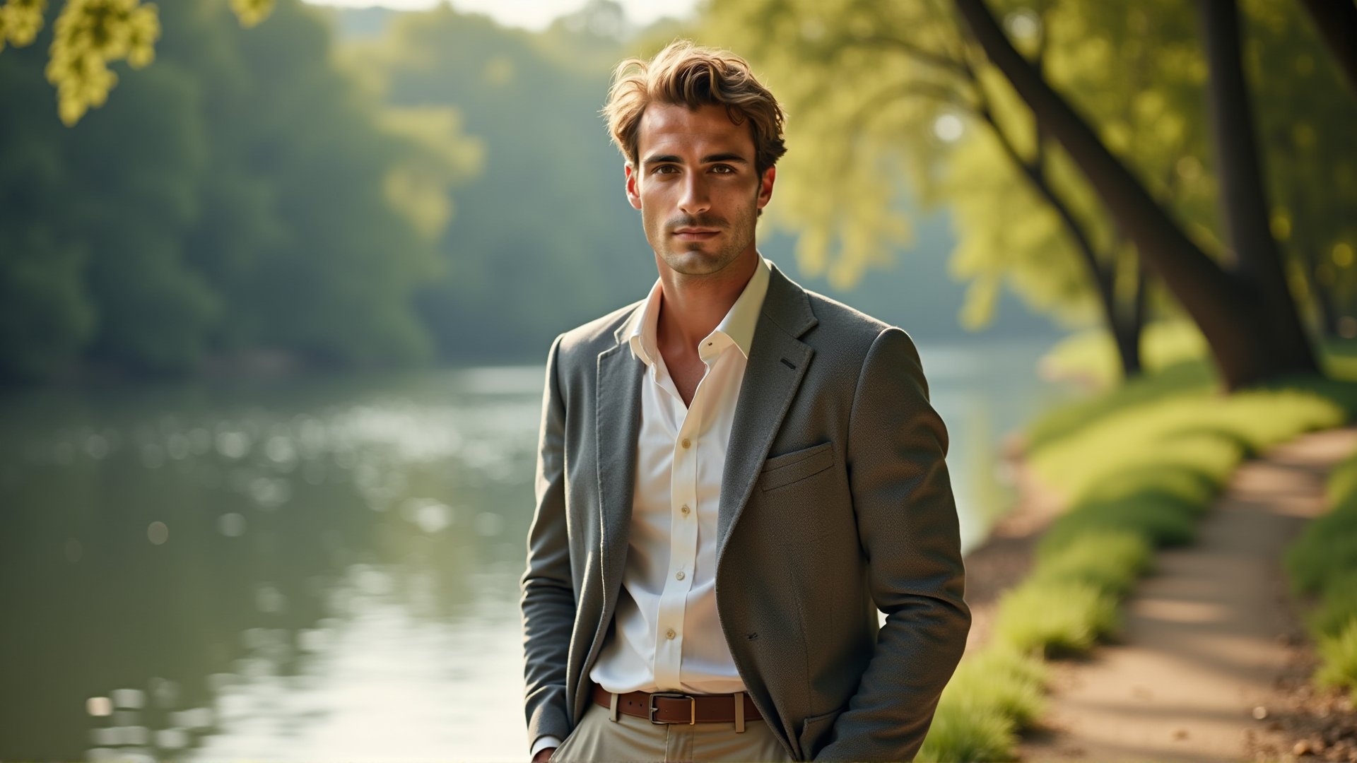 man in casual comfortable clothing, relaxed expression, standing on riverside against serene natural backdrop of calm river and lush greenery, soft sunlight filtering through trees