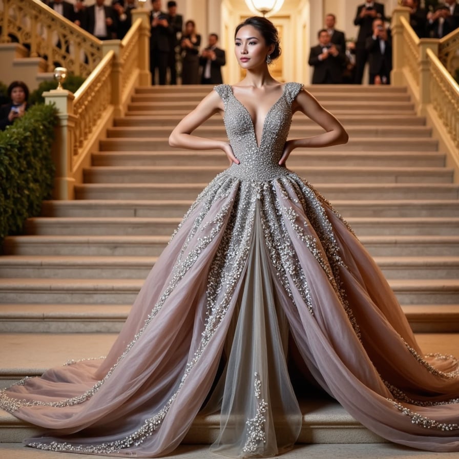 A Met Gala dress inspired by AI algorithms: flowing silk patterned with neural network visuals, laser-cut panels, and a digital halo hovering above her head