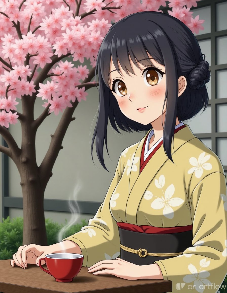 woman wearing traditional kimono, serving japanese tea amidst sakura, animated style image, with soft colours and hand drawn style art inspired from studio ghibli