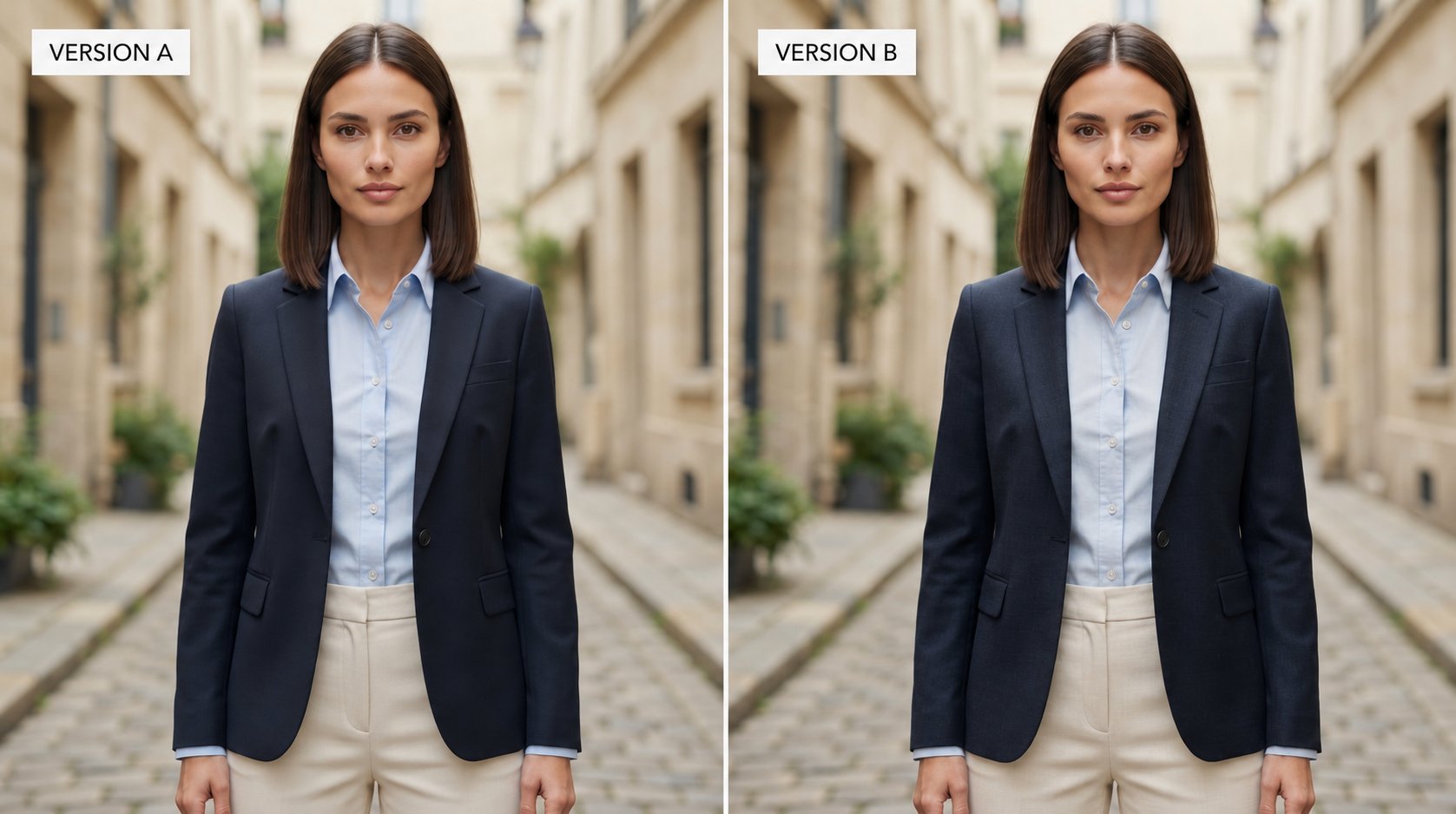 Same navy outfit comparing smooth, uniform fabric to more textured, natural fabric