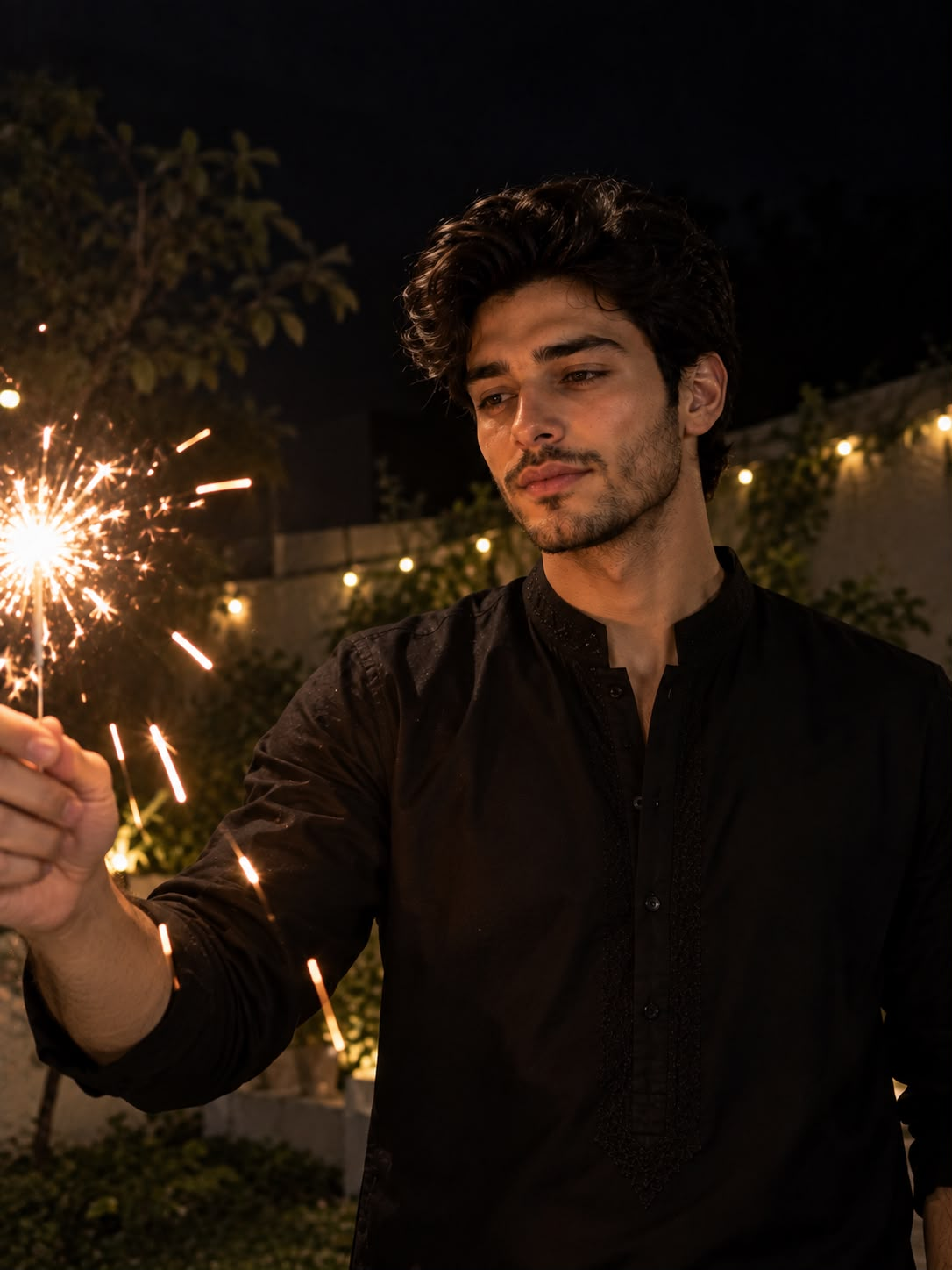 AI Diwali portrait of a man in a black kurta holding a sparkler at night