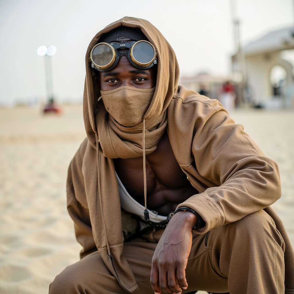Knee-up portrait of a man in steampunk desertwear, layered fabrics and goggles, confident stance, haze in background, Burning Man 2025 theme