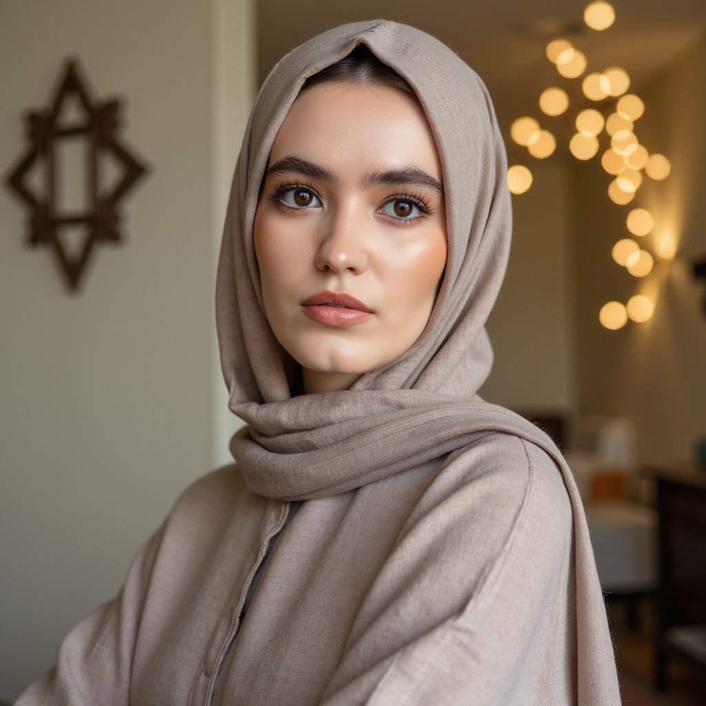 Editorial-style portrait of a woman facing camera in formal modest attire, backdrop with soft bokeh lights, conveying warmth and grace for Mawlid celebration