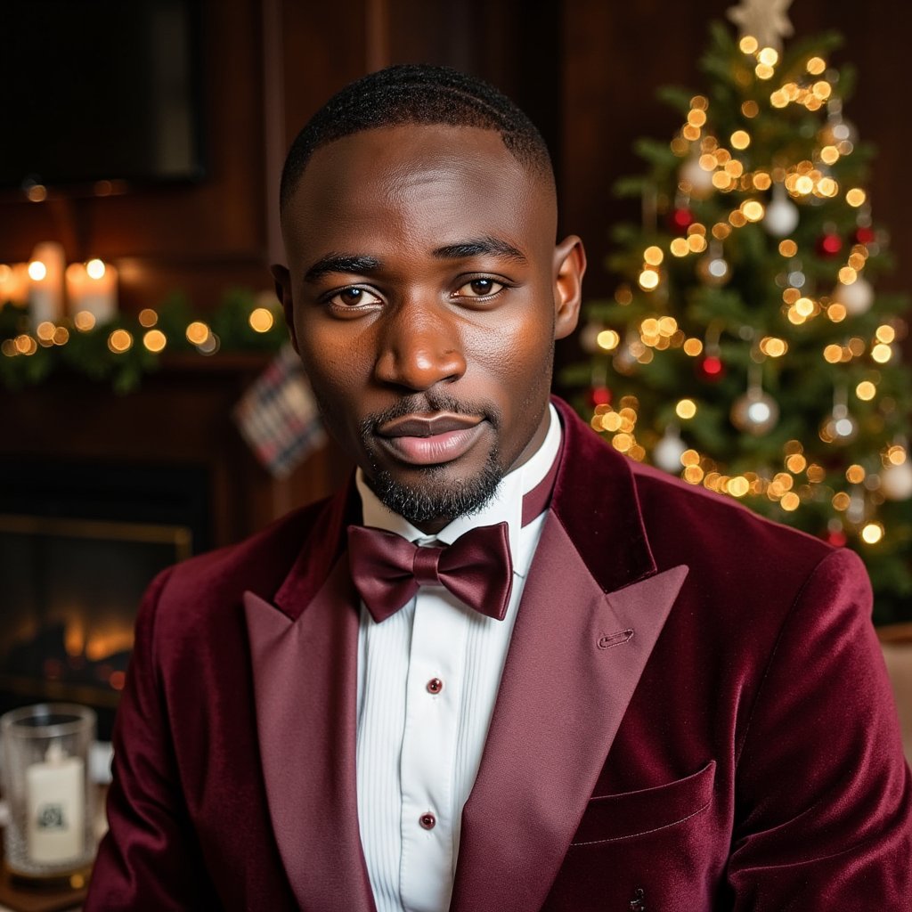 Headshot of a man in tuxedo (shawl-collar velvet dinner jacket, crisp pleated shirt, satin bow tie). Hairstyle: classic taper, slight quiff; clean shave. Fabric details: velvet nap, satin lapel reflection, micro-pleats. Camera: eye-level, 105mm macro-leaning portrait for extreme texture fidelity, f/2.0. Lighting: soft directional key (large softbox or window) + faint practical back glow from the tree for hairline separation. Background: blurred Christmas tree with crystal and glass ornaments, warm golden fairy lights; no extra props. Pose: chin slightly down, eyes centered, confident but soft gaze. Render: highly detailed, highly realistic, HDR; precise lapel edge and shirt pleat definition; natural skin pores.