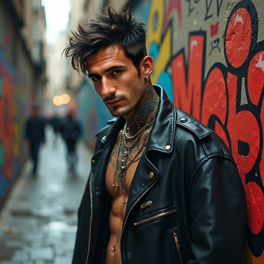 Handsome street punk, graffiti alley, detailed, hyper-realistic setting.