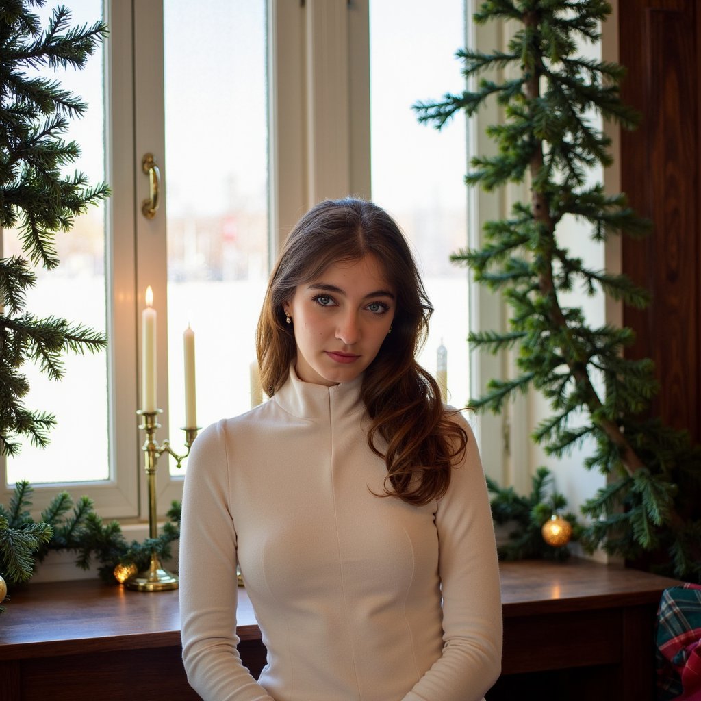A woman seated beside tall frosted glass windows framed by ivy garlands, bathed in gentle winter sunlight. Hairstyle: loose, natural waves tucked behind ears. Attire: cream cashmere sweater with a ribbed high collar; gold hoop earrings. Fabric details: cashmere fuzz detail, rib texture, subtle weave. Camera: eye-level, 85mm, f/1.8. Lighting: soft morning light key with faint back rim from window glow. Background: blurred greenery and pale sky through glass; minimal clutter, calm and airy. Pose: gazing down slightly, serene expression, hands out of frame.
Render: highly detailed, highly realistic, HDR; delicate hair flyaways, natural skin tone, tactile knit detail.