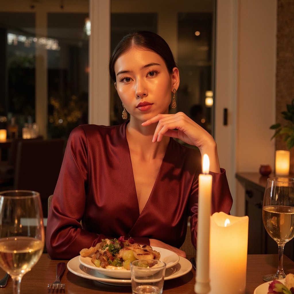 Highly realistic, highly detailed, hyperrealistic HDR waist-up portrait of a woman (female, ~42 yrs) seated at a wooden dining table illuminated by candlelight. Camera straight-on at eye level. She wears a deep burgundy wrap dress with satin sheen, neckline softly draped. Her hair is styled in a neat low chignon, gold earrings glinting in the warm light. Background softly blurred — faint glimmer of tableware and blurred candle flames, no clutter. Lighting gentle but directional, creating chiaroscuro contrast between right and left cheek. Skin shows natural warmth and glow, reflections on fabric and glass realistic. Thanksgiving elegance and intimacy. HDR, high resolution, high quality, highly detailed, photorealistic.