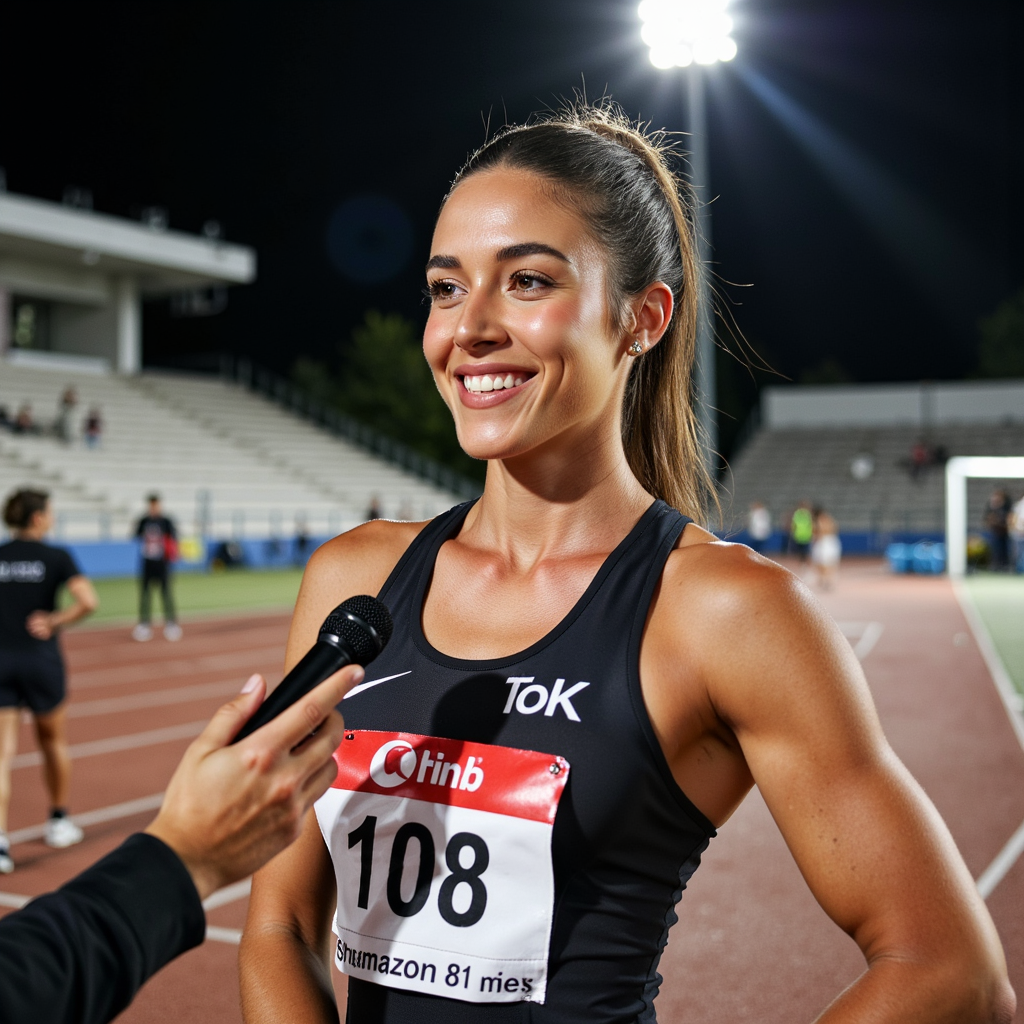 Headshot of a smiling athlete being interviewed trackside, race bib still pinned