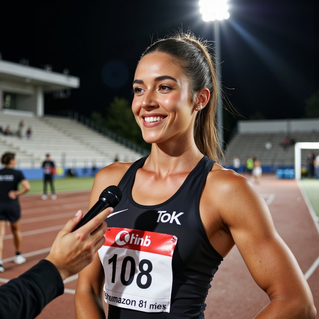 Headshot of a smiling athlete being interviewed trackside, race bib still pinned, hair messy from race, handheld mic visible — post-event celebration moment