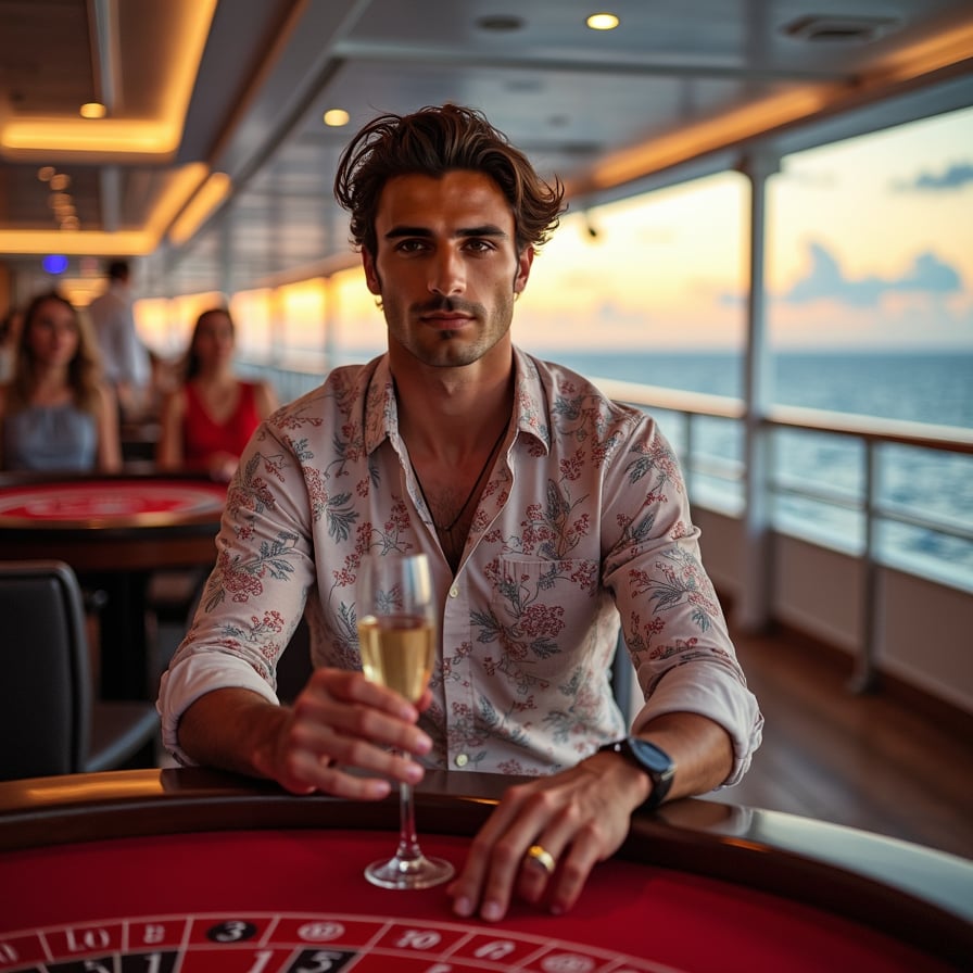 Casino Night: The model is in the ship’s casino, printed  dress in glamorous evening wear. he’s playing a game at the casino table or mingling with other guests, with the vibrant, sophisticated atmosphere of the casino adding to the scene.