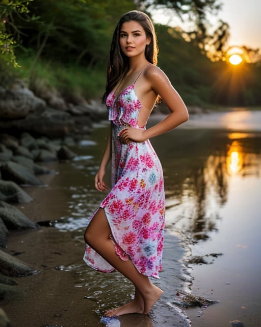 A vibrant, young woman stands confidently, posing in a colorful, flowy dress, amidst lush greenery, basking in soft, warm sunlight, set against a blurred, whimsical forest backdrop with gentle, dappled shadows.