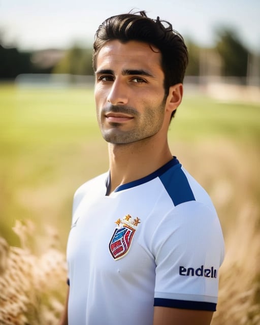 Athletic man in action, soccer jersey, green field, sunlight.