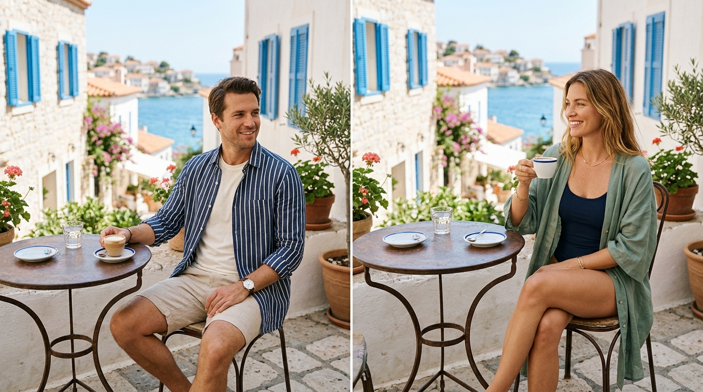 Hyper-realistic editorial travel photograph of a young woman seated at a small outdoor cafe terrace in a coastal Mediterranean town, wearing an elegant one-piece swimsuit under a sheer sage linen beach cover-up, hair in low chignon, holding a white espresso cup, whitewashed buildings with blue shutters and terracotta rooftops cascading down a hillside behind her, late morning Mediterranean light, olive tree branch framing upper right corner, shallow depth of field with 85mm lens, natural skin texture, magazine cover quality