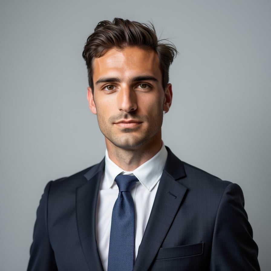 A passport-size photo of a business professional wearing a dark suit and tie. The background is plain light gray, and the lighting is bright yet evenly distributed. The individual is centered, facing forward with a neutral but confident expression