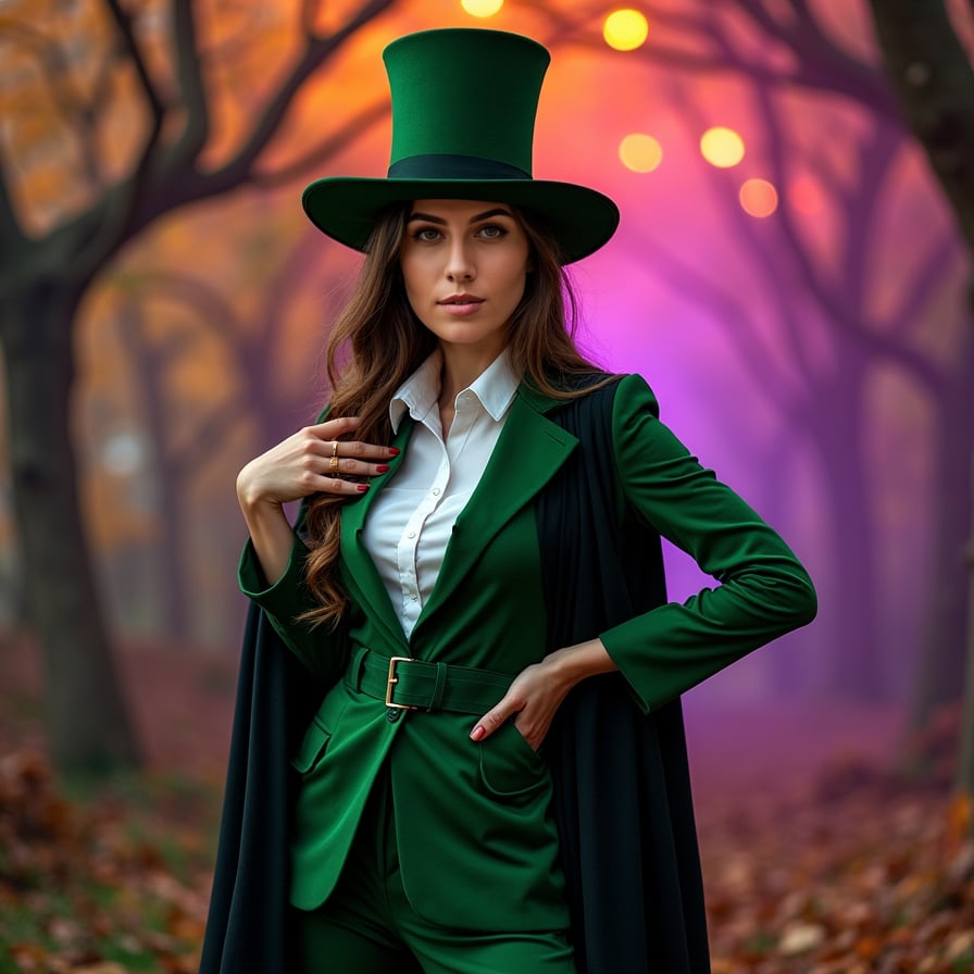 woman wearing a bold, eerie green Halloween costume, consisting of a fitted green velvet blazer, a crisp white dress shirt, and matching green velvet trousers, complete with a green top hat and a masquerade mask, posing against a hauntingly beautiful autumnal background with twisted tree branches and misty fog