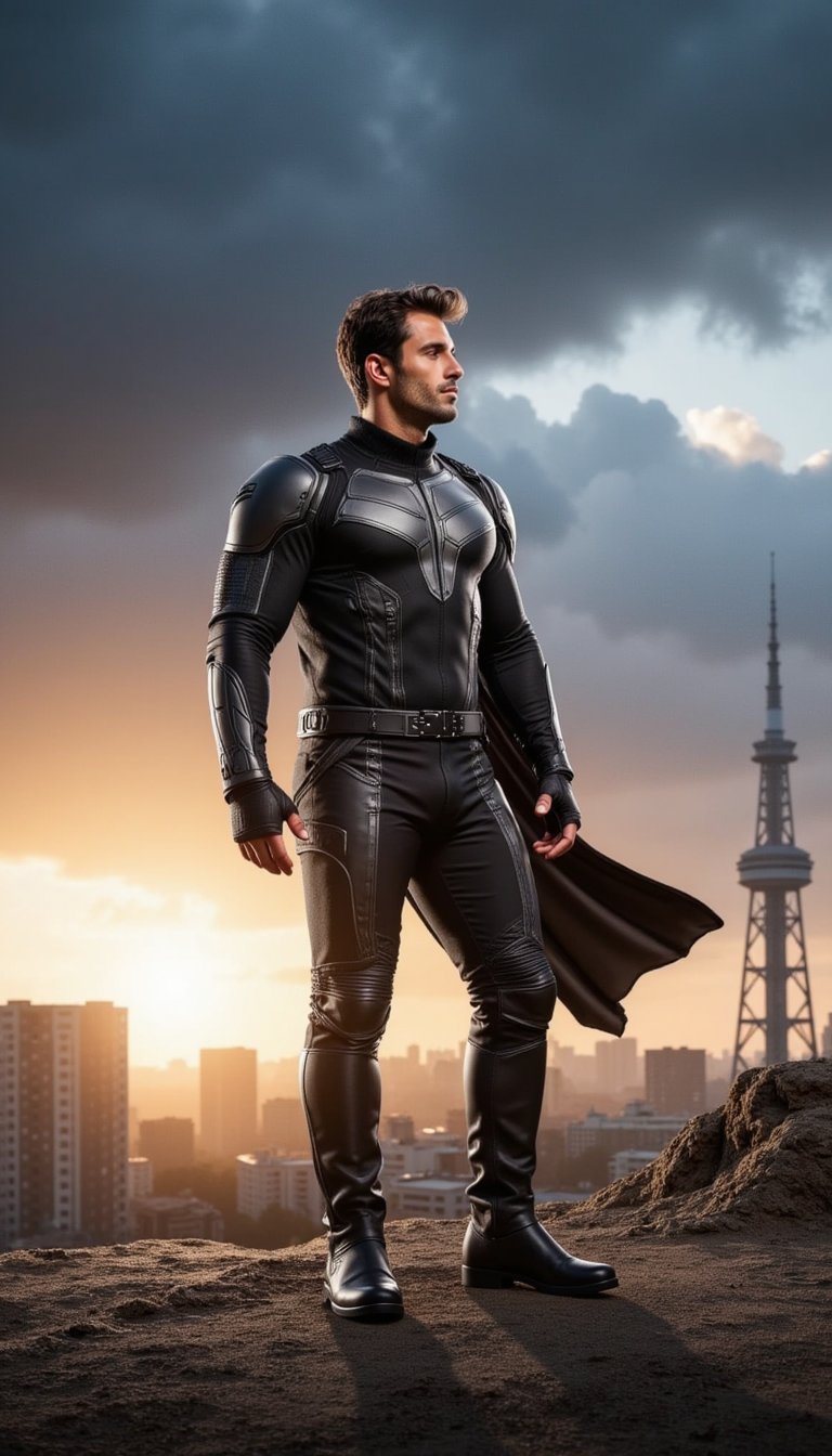 A next-gen superhero stands tall against a stormy skyline, cape fluttering slightly in the wind, jaw set with resolve. Their outfit is minimal yet high-concept, blending armor with utility. The shot is wide-angled and dramatic, evoking Marvel-style poster imagery.
