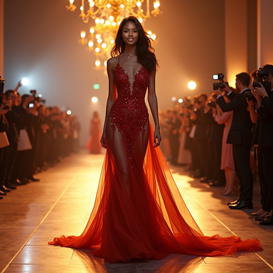 woman in a stunning, floor-sweeping evening gown, confidently strutting down a glamorous catwalk, surrounded by flashing cameras and a crowded audience, under the bright lights of a high-end fashion event.