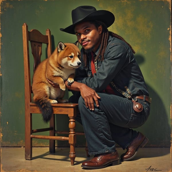A cowboy sits on an old wooden chair, by Frazetta, by Frank Frazetta, by Norman Rockwell, oil painting, fantasy western, portrait of handsome Ray sitting down, cowboy dark hat, dark green background, by Akihiko Yoshida, by Frank Fazetta, by Craig Mullins, by John William Waterhouse, by Jean Beraud pequeña tanuki is perched on top of his arm --ar 59:84 --v 5.2 --style raw