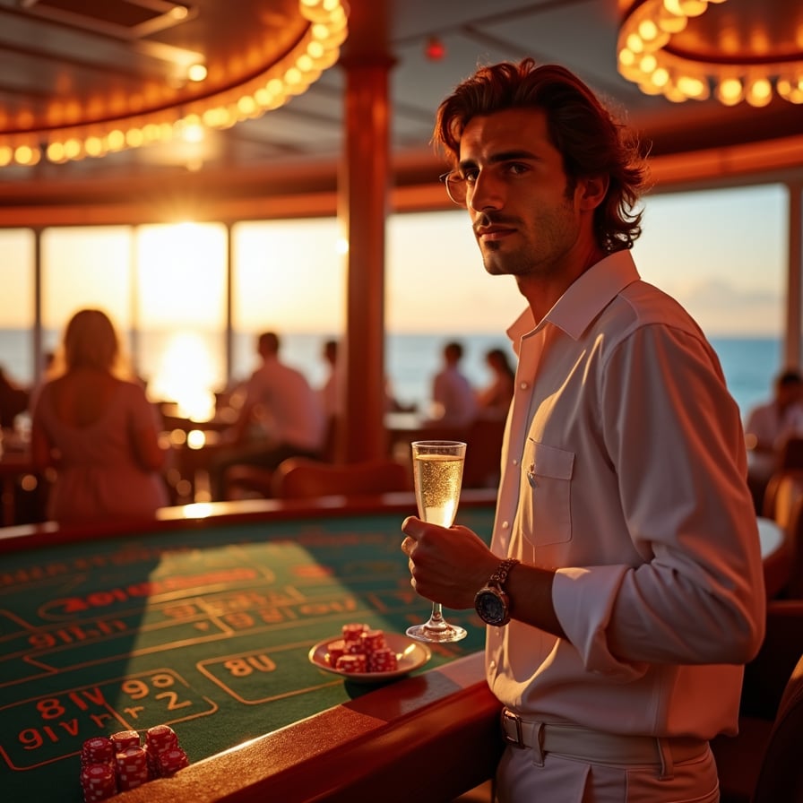 Casino Night: The model is in the ship’s casino, colorful dressed in glamorous evening wear. he’s playing a game at the casino table or mingling with other guests, with the vibrant, sophisticated atmosphere of the casino adding to the scene.