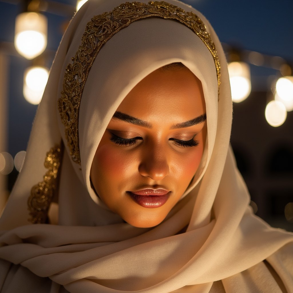 Close-up headshot of a woman in an elegant hijab with gold embroidery, eyes closed in reflection, soft background lights resembling Mawlid night ambiance