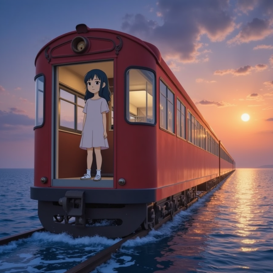 A young girl in a red dress standing on a train gliding across water at sunset, 