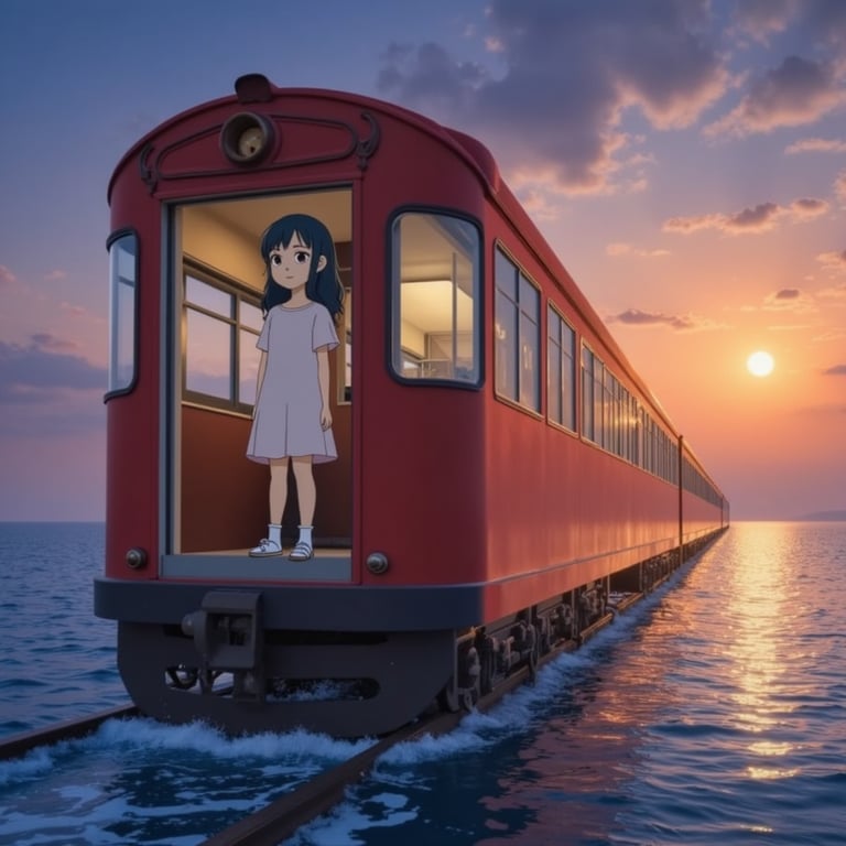 A young girl in a red dress standing on a train gliding across water at sunset, 