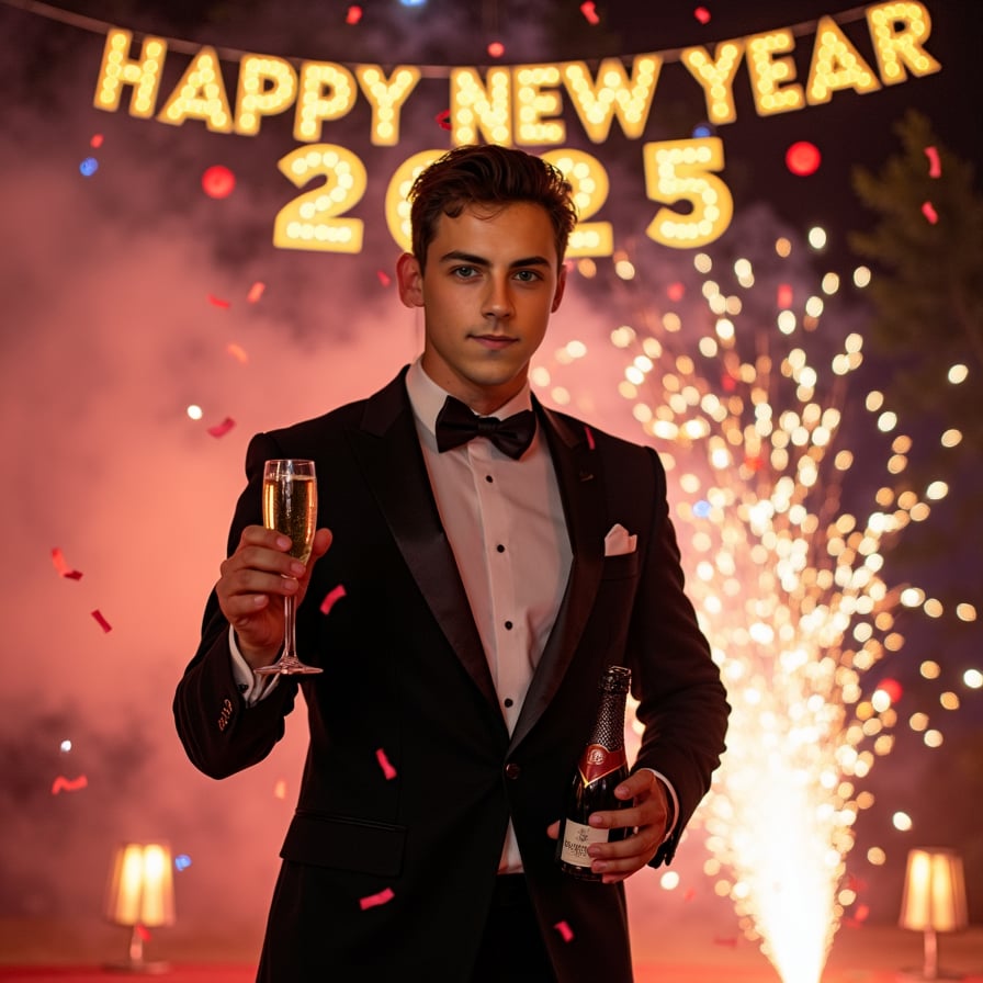 A man in a sleek black tuxedo, holding a glass of champagne, standing against a backdrop of glittering lights and a "Happy New Year 2025" banner, smiling confidently at the camera