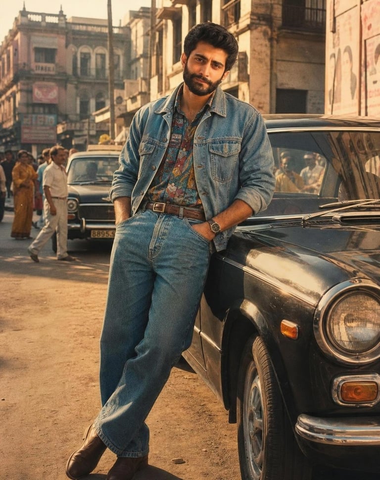 Create an ultra-realistic 1990s Indian
Bollywood-style cinematic photo using my 