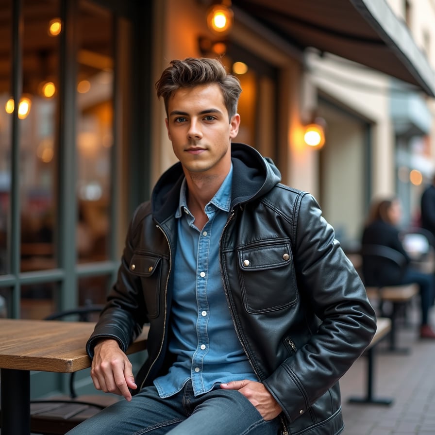 man in a relaxed social setting, such as sitting on a bench or leaning against a railing. He has a confident smile or a thoughtful expression, dressed in trendy casual wear like a leather jacket or denim shirt. The lighting adds warmth and highlights his natural appeal