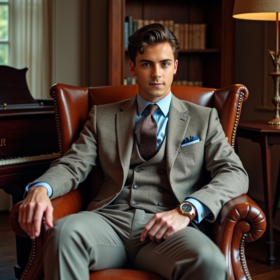 man styled for a classic and elegant look. He is seated in a leather armchair with a subtle backdrop of wood-paneled walls or a grand bookcase. He is wearing a tailored suit, with lighting that enhances his poised and polished demeanor