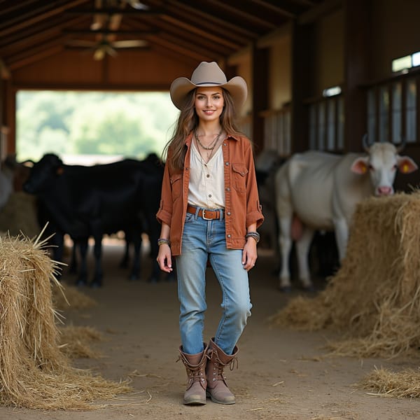girl wearing a cowboy hat and rugged boots, standing amidst a rustic barn surrounded by cattle, with hay bales and farming tools scattered in the background, radiating a sense of rural charm and adventure.