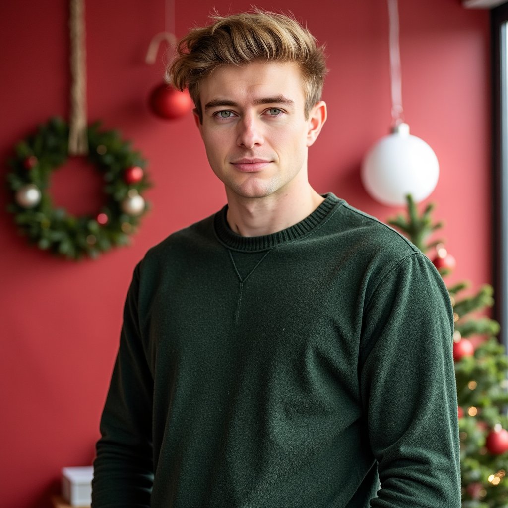 Headshot of a man in a modern photo studio with a matte red backdrop providing a bold Christmas theme. He faces the camera straight-on, expression confident but soft. He wears a dark forest-green cashmere crewneck, ribbed collar visible in detail.
Hair: short fade with neatly styled top; light stubble.
Lighting: classic studio beauty lighting — large softbox frontal key plus gentle kicker from camera-left; even skin illumination, soft shadows.
Background: smooth seamless red, no clutter; subtle gradient from light falloff.
Camera: 85mm f/2.2; highly detailed, highly realistic, HDR, showing crisp knit detail and natural skin texture.