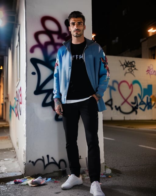 Handsome street punk, graffiti alley, detailed, hyper-realistic setting.