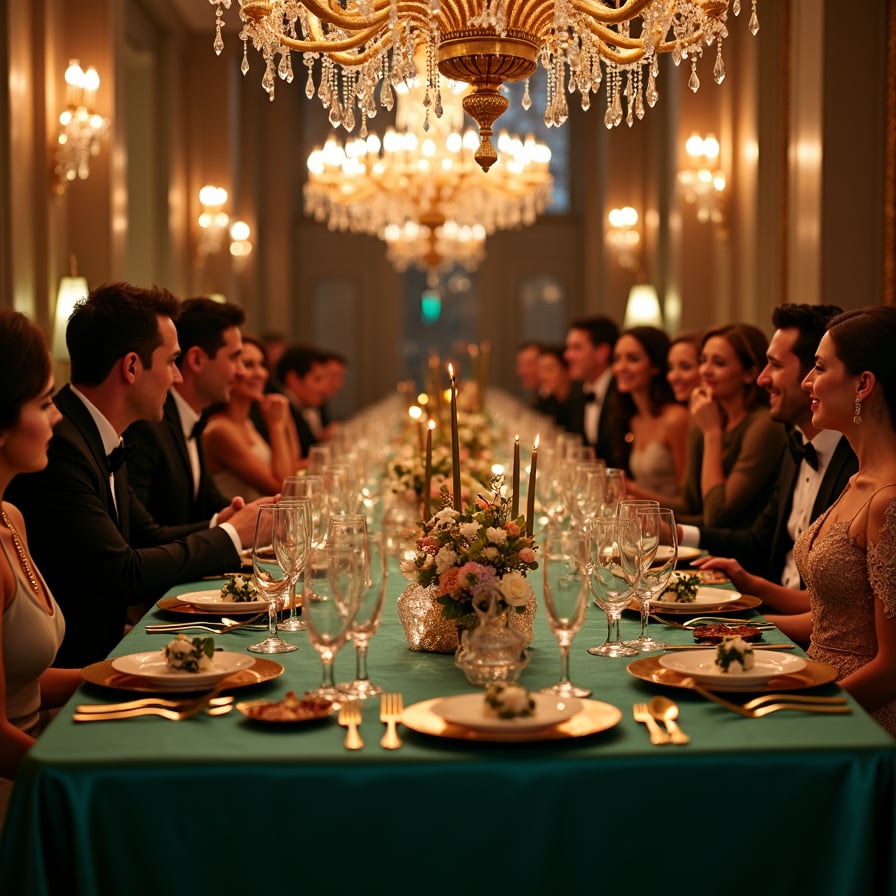 An elegant dining table adorned with metallic accents, deep emerald tablecloths, and gold cutlery. Guests in sophisticated attire are seen chatting and laughing, while chandeliers and candles cast a luxurious glow over the scene.