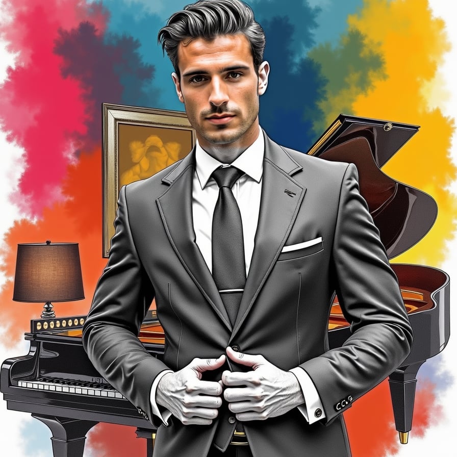 man wearing luxurious suit, surrounded by wealth and opulence, standing in a lavish living room with a grand piano and expensive artwork.