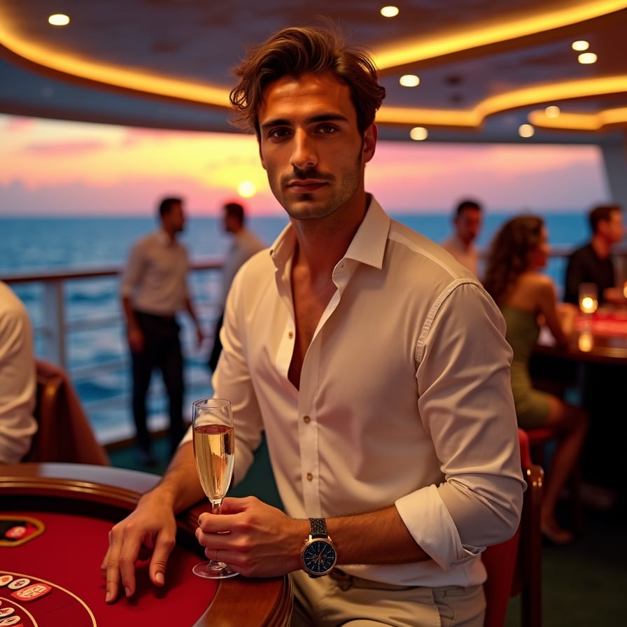 Casino Night: The model is in the ship’s casino, dressed in glamorous evening wear. he’s playing a game at the casino table or mingling with other guests, with the vibrant, sophisticated atmosphere of the casino adding to the scene.