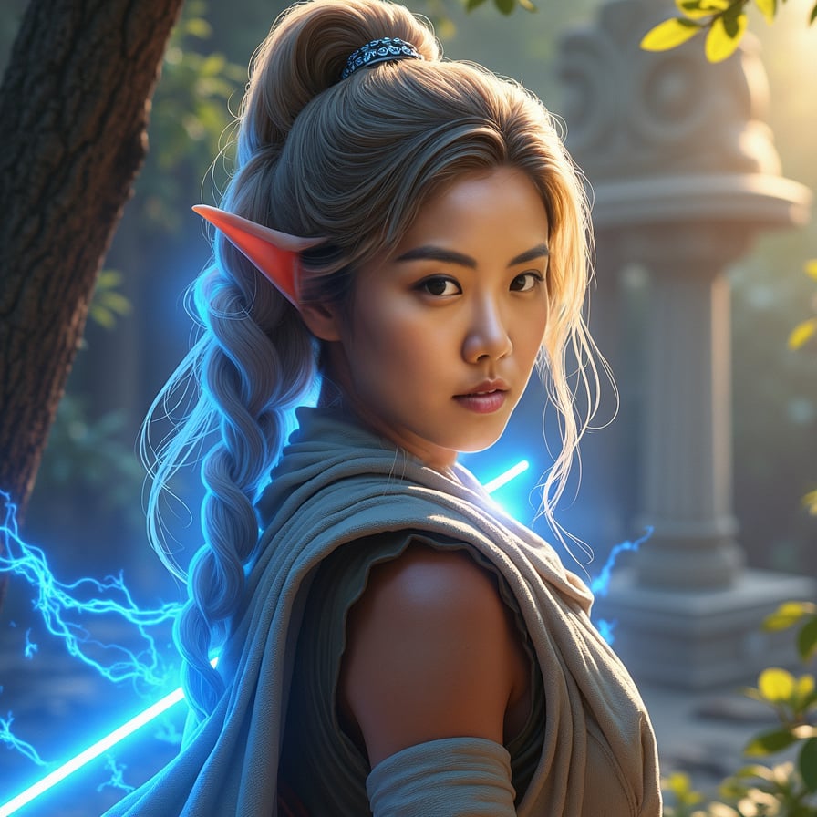 The glowing, ethereal forms of iconic female Jedi like Ahsoka Tano, Rey, and Leia as a Jedi face the camera, their expressions serene and wise. Their blue glow stands out against a peaceful forest or temple setting, symbolizing the enduring spirit of the Force.